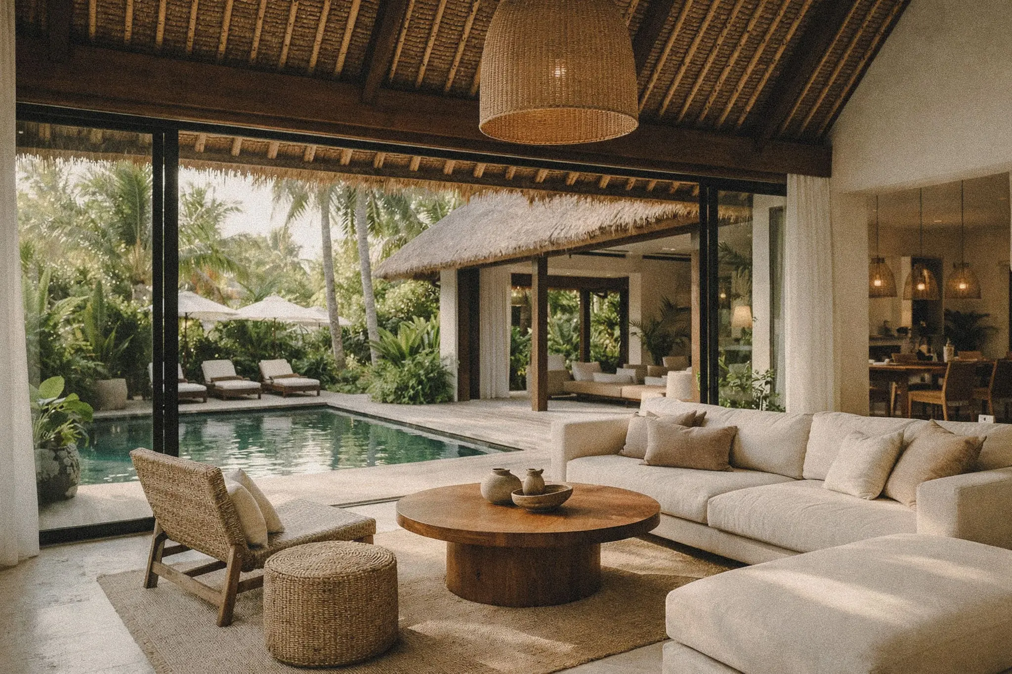 Tropical living room with floor-to-ceiling sliding doors opening to a pool and garden