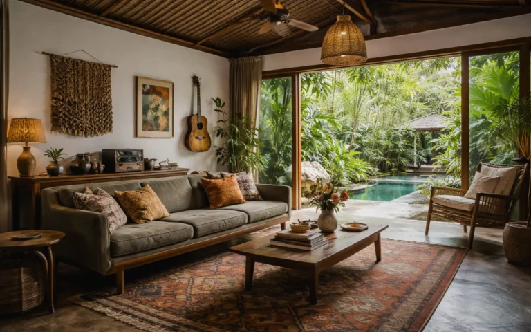 Open-air Bali living room with mid-century modern furniture, kilim rug, guitar on the wall, and a relaxed bohemian lived-in aesthetic.