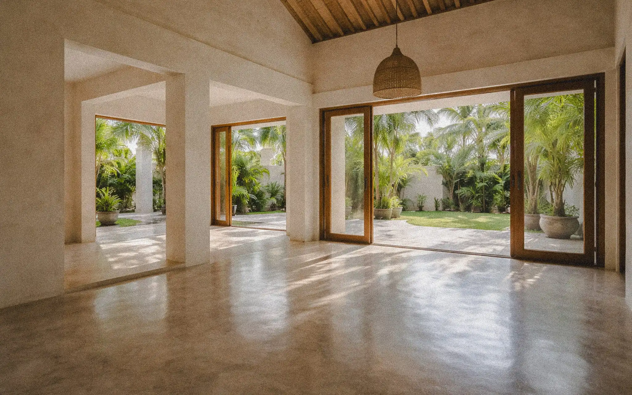 Unfurnished open-air Bali villa interior with cream walls, polished concrete floors, wood-framed sliding doors, and tropical garden views.