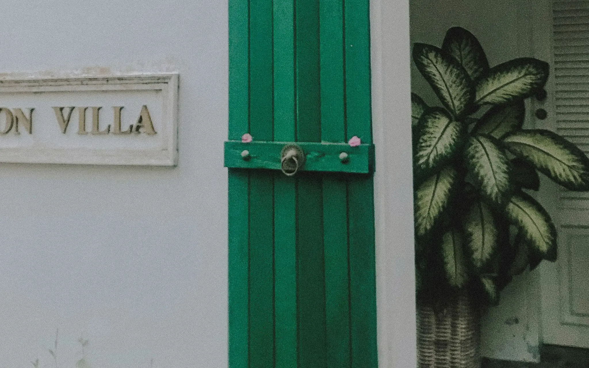 Close-up of a white Bali villa exterior with green wooden door, tropical plants, and a simple villa sign.