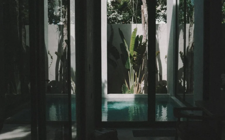 Moody interior looking out to a sunlit blue pool surrounded by tropical palms