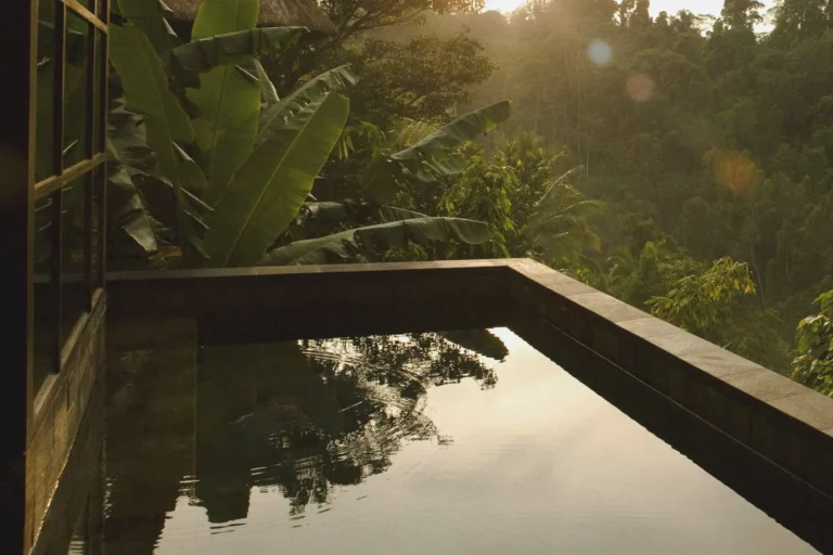 Private Bali villa pool overlooking a lush tropical jungle valley in soft afternoon light