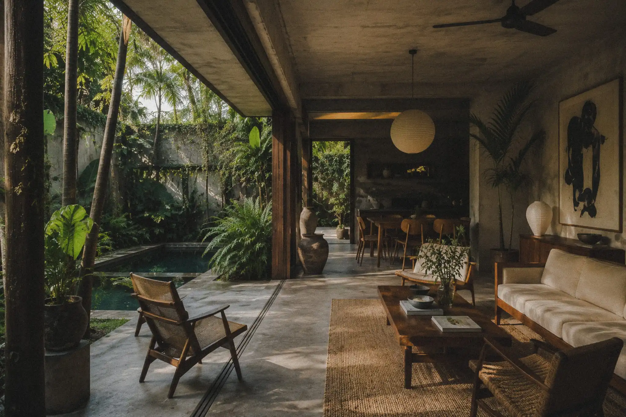 A tropical modern home in Bali with seamless indoor–outdoor living, exposed concrete, mid-century furniture, lush jungle planting and a shaded courtyard.
