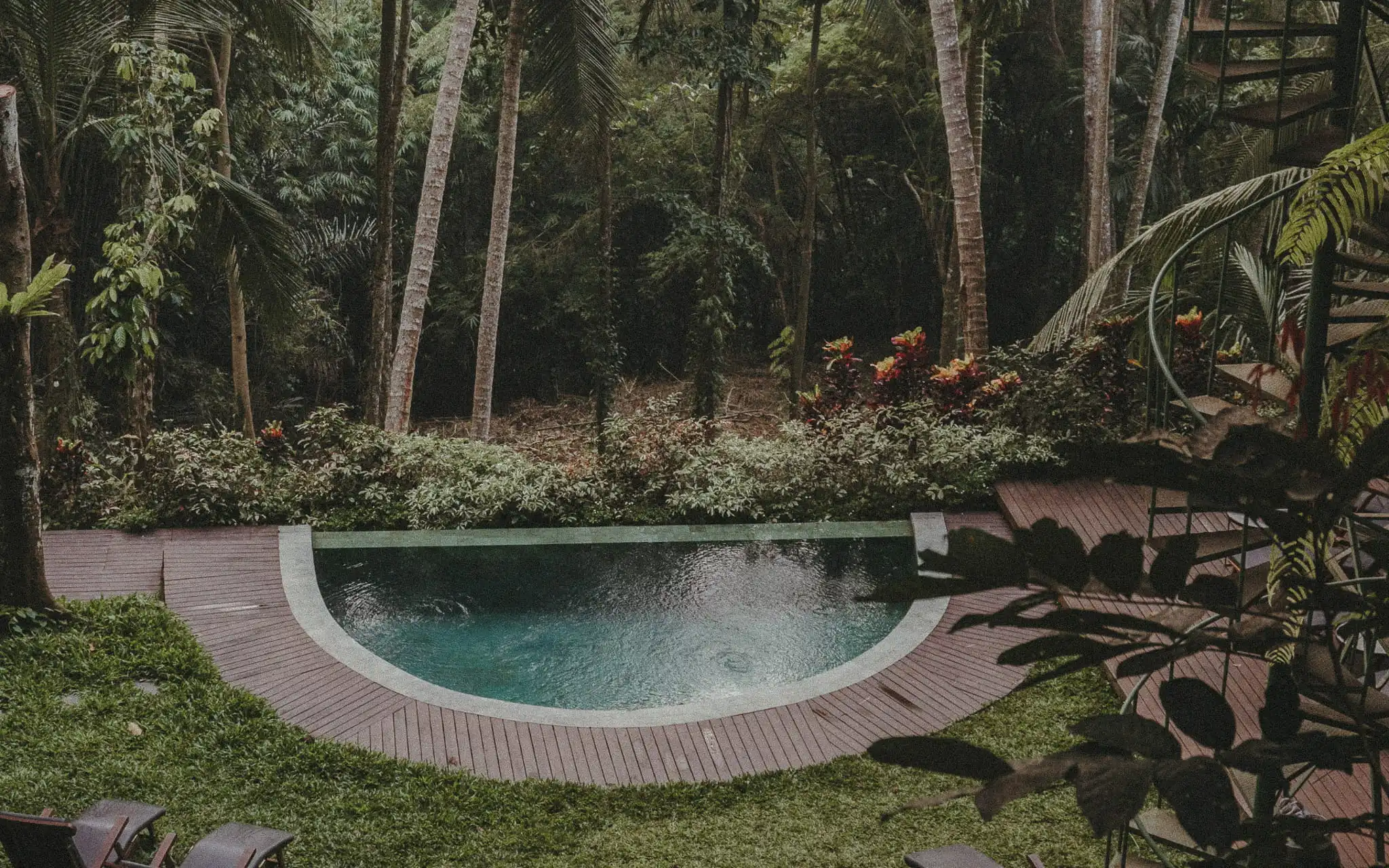 Swimming pool surrounded by mature tropical forest and established gardens in Bali.