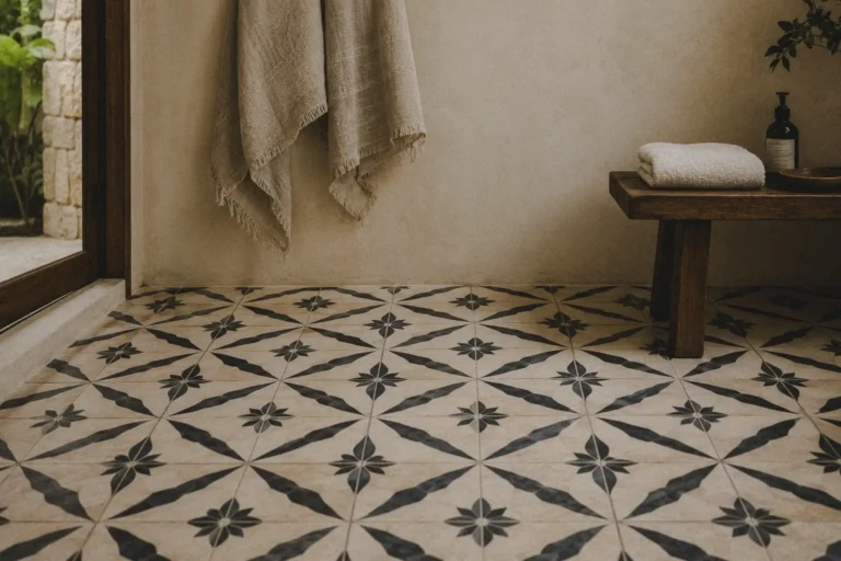 Decorative black and cream cement tile flooring inside a tropical Bali home.