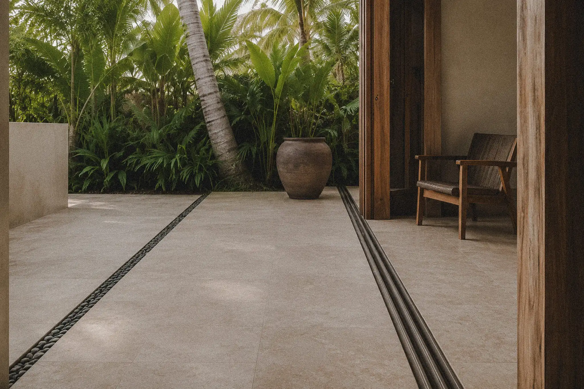 Continuous stone flooring connecting indoor and outdoor living spaces in a tropical Bali home.