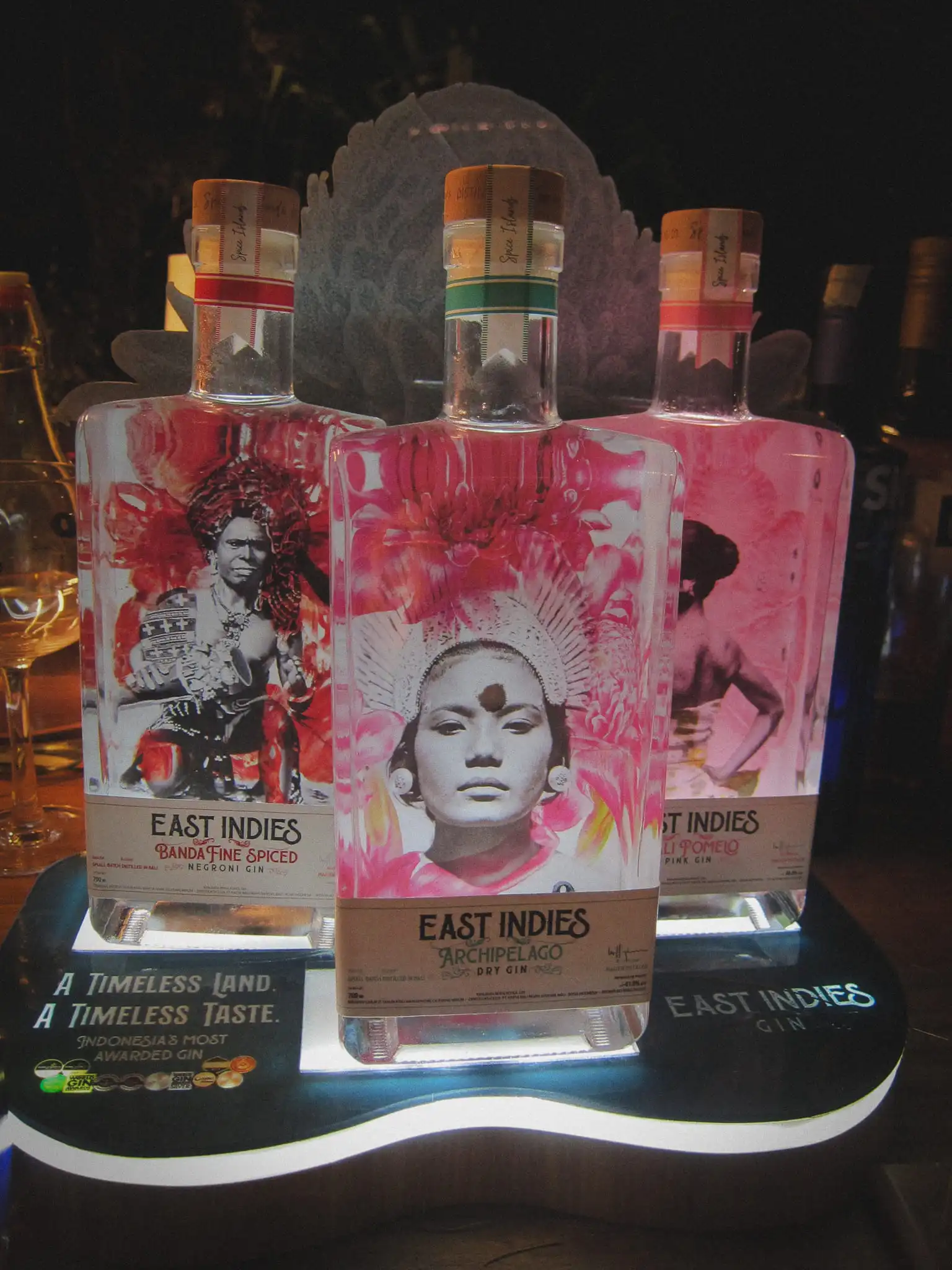 Illustrated East Indies Gin bottles displayed at the Main Main pavilion at Jia Curated
